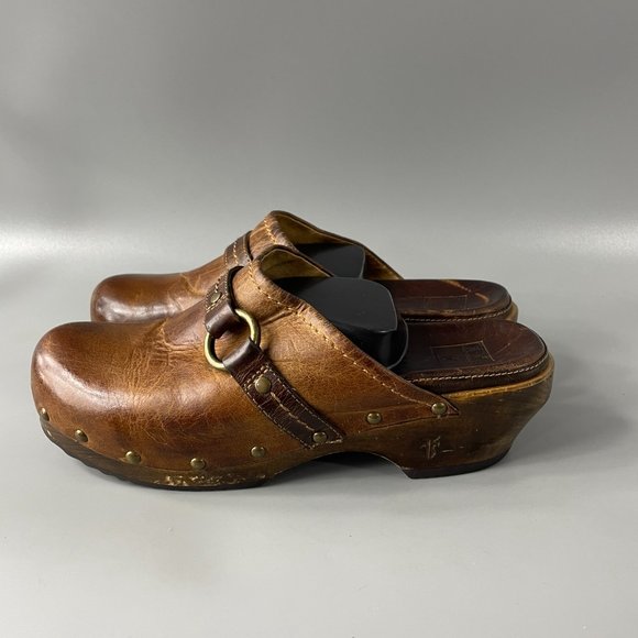 Frye Clara O Ring Wooden Clogs Distressed Leather Cognac, Women's Size 8.5M - Picture 5 of 12